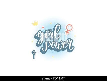 Girl power text composition stickers card. Background with simple items ...