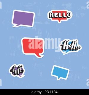Set of Hello and empty speech bubbles stickers on textured background. Hello quote elements for banner, poster, social media networks. Vector illustra Stock Vector