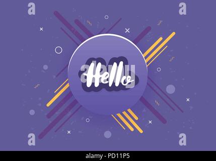 Hello sticker with circle badge and geometric composition. Hello quote for banner, poster, social media networks. Vector illustration. Stock Vector