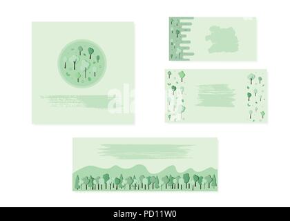 Set of trees composition backgrounds. Flat green trees and leaves with decorations design. Templates for card, banner, social media network. Vector il Stock Vector