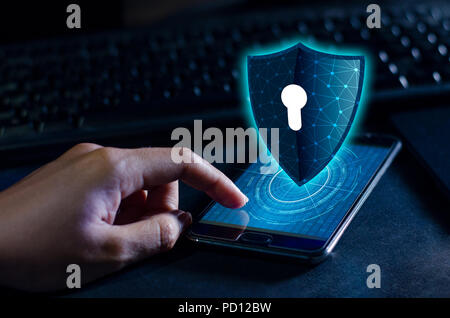 Shield Internet phone Smartphone is protected from hacker attacks, Firewall Business people press the protected phone on the internet. space put message Stock Photo