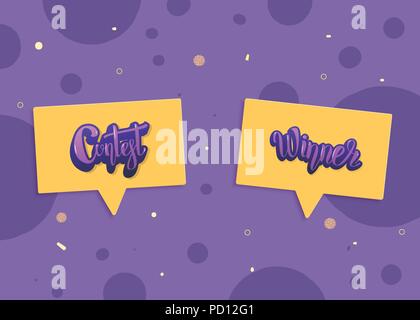 Contest and Winner card with speech bubble for social media network. Set of handwritten stickers lettering with decoration. Vector illustration. Stock Vector