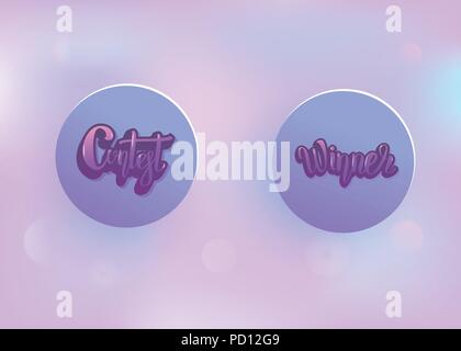 Contest and Winner card with round badges and pastel bokeh background. Set of handwritten stickers lettering with decoration. Vector illustration. Stock Vector