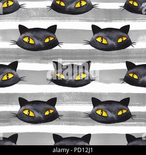 Halloween watercolor seamless pattern. Black cat, pumpkin, witch hat Stock Photo