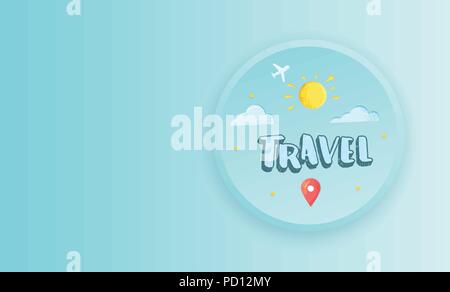 Time to travel composition for social media networks. Handwritten lettering with decoration. Horizontal template for summer design. Vector illustratio Stock Vector