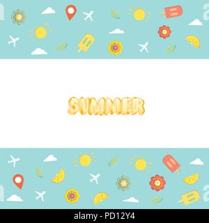 Template with paper cut ice cream, clouds, flowers, planes, suns. Summer sticker. Papercut summer shapes for flyer design. Vector illustration. Stock Vector