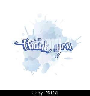 Thank you inscription with watercolor splash blot card. Banner with handwritten lettering and abstract geometric decoration elements. Thank you phrase Stock Vector