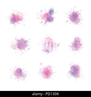 Set of vector watercolor splash blots. Pink and violet paint stains collection isplated on white background. Stock Vector