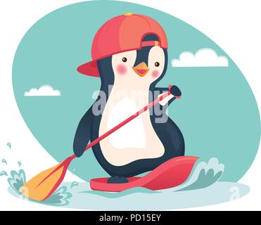 Penguin floating on SUP board. Paddle board. Penguin vector illustration Stock Vector