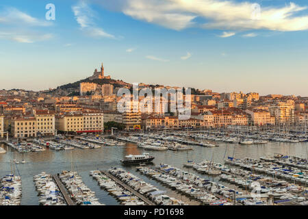 Marseille aerial view city skyline at Vieux Port and Notre-Dame de la Garde Basilica, Marseille France Stock Photo