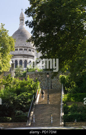 Paris Montmartre street scene - Stairways in Montmartre leading to the Sacre Coeur Basilica in Paris, France, Europe. Stock Photo