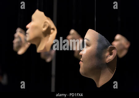 Seattle, Washington: "Probably Chelsea" on display during the Seattle Art Fair at CenturyLink Field Event Center. The work, by artist Heather Dewey-Hagborg, consists of thirty different possible portraits of Chelsea Manning algorithmically-generated by an analysis of her DNA. Chelsea Manning provided DNA samples that were extracted and analyzed to create 3d printed life size models of her portrait. Founded in 2015 by Paul G. Allen, the annual exhibition includes galleries from all over the globe as well as Seattle’s Foster/White, Linda Hodges and many others. Stock Photo