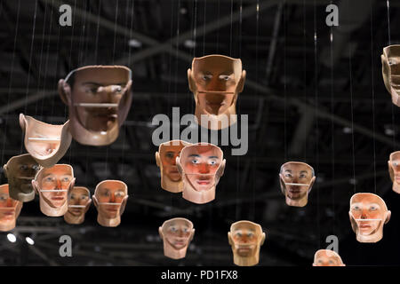 Seattle, Washington: "Probably Chelsea" on display during the Seattle Art Fair at CenturyLink Field Event Center. The work, by artist Heather Dewey-Hagborg, consists of thirty different possible portraits of Chelsea Manning algorithmically-generated by an analysis of her DNA. Chelsea Manning provided DNA samples that were extracted and analyzed to create 3d printed life size models of her portrait. Founded in 2015 by Paul G. Allen, the annual exhibition includes galleries from all over the globe as well as Seattle’s Foster/White, Linda Hodges and many others. Stock Photo