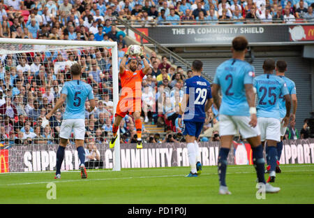 London, UK. 6th Aug, 2018. Manchester City goalkeeper Claudio Bravo (2nd L) catches the ball during the Community Shield match between Chelsea and Manchester City at the Wembley Stadium in London, Britain on Aug. 5, 2018. Manchester City won 2-0. Credit: Marek Dorcik/Xinhua/Alamy Live News Stock Photo