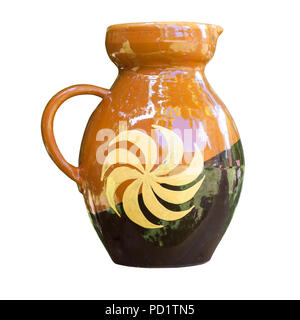 Old vintage decorated clay jar isolated on white background, front view Stock Photo
