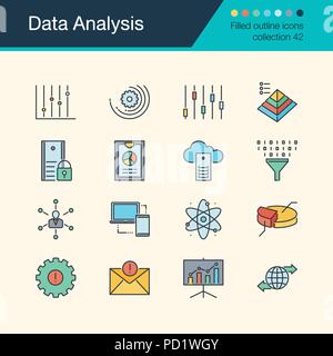 Data Analysis icons. Filled outline design collection42. For presentation, graphic design, mobile application, web design, infographics. Vector illust Stock Vector