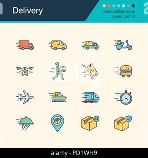 Delivery icons. Filled outline design collection 49. For presentation, graphic design, mobile application, web design, infographics. Vector illustrati Stock Vector