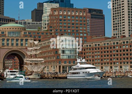 Sailing ship and boats at Sail Boston Tall Ship Festival, Boston Harbor, Suffolk County, Massachusetts, USA Stock Photo