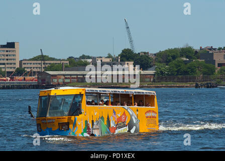 Super Duck Tours boat, an amphibious vehicle sailing on the Boston Harbor, Suffolk County, Massachusetts, USA Stock Photo