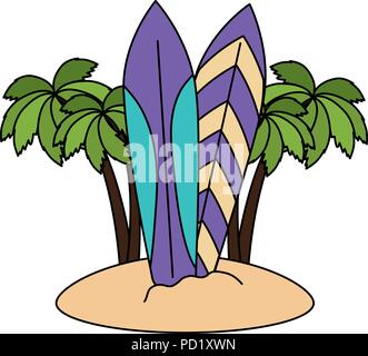 tree palms with surfboards scene Stock Vector
