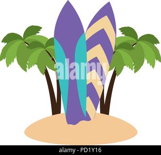 tree palms with surfboards scene Stock Vector