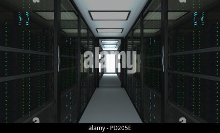 Modern server room interior in datacenter, web network and internet telecommunication technology, big data storage and cloud service concept, 3d rende Stock Photo