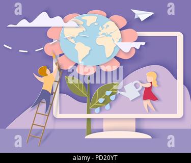 Back to school 1 september card. Monitor screen with mountains, trees, waterfall and children caring for the Earth flower. Paper cut style. Vector illustration Stock Vector