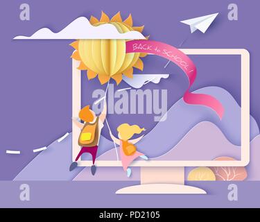 Back to school 1 september card. Monitor screen with mountains, trees, waterfall and children flying on sun air balloon. Paper cut style. Vector illustration Stock Vector