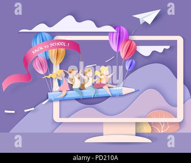 Back to school 1 september card. Monitor screen with mountains, trees, waterfall and children flying on pencil. Paper cut style. Vector illustration Stock Vector