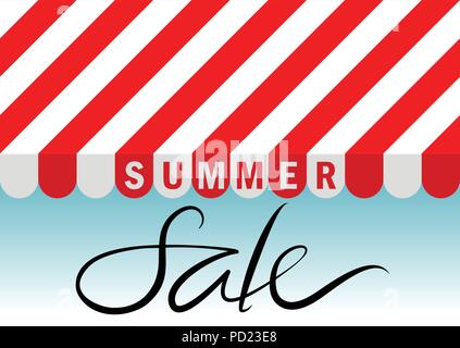 Summer Sale text with red and white striped sunshade. EPS 8 vector banner. Stock Vector