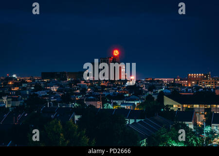 View of the Natty Boh Tower at night in Canton, Baltimore, Maryland Stock Photo