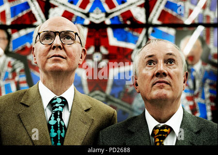 British contemporary artists Gilbert and George posing in the Baronian Francey gallery in Brussels (Belgium, 09/09/2009) Stock Photo