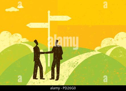 Businessmen Parting Ways Two business partners, reaching a fork in the road, shake hands and decide to part ways. Stock Vector