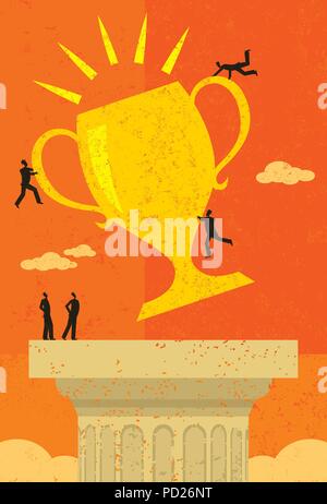 Business Team Success A business team achieving their goal and placing their trophy atop a pedestal. The people & trophy and background are on separat Stock Vector