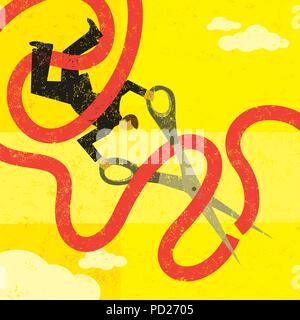 Cutting Red Tape A man caught in red tape is cutting through it with large scissors. Stock Vector