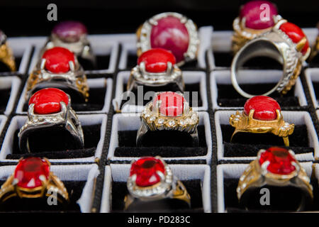 Handmade Ring selective focus Stone red, jewelry for women. Stock Photo