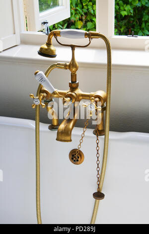 Retro style bath taps and shower head - John Gollop Stock Photo
