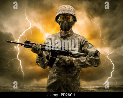 Armed soldier standing in rainy obscure weather  Stock Photo