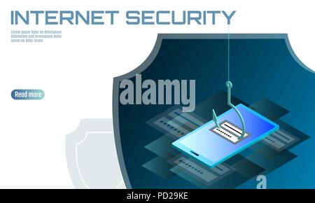 Isometric 3D smartphone login password phishing. Personal information account email hacker. Spam antivirus internet security spam concept banner template card vector illustration Stock Vector