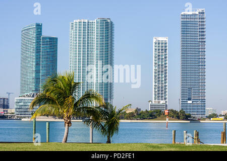 Miami Florida,Biscayne Bay,Watson Island view,Biscayne Boulevard,high rise skyscraper skyscrapers building buildings condominium residential apartment Stock Photo