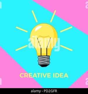 Cretive idea cartoon bulb with rays. Bisiness solution concept. Burning light bulb with surreal color background. Vector illustration Stock Vector