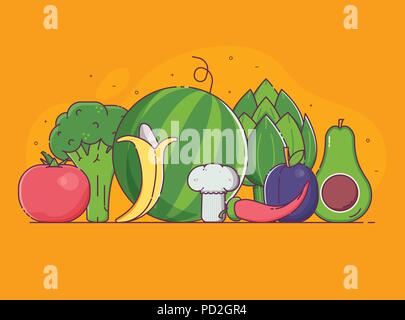 Organic design concept with pile of fresh fruits, vegetables and berries in flat design. Vegetable and fruit harvest background with veggies. Raw vega Stock Vector