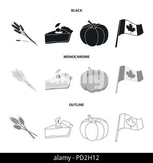 Spike of wheat, a piece of pie with cranberries, pumpkin, national flag.Canada thanksgiving day set collection icons in black,monochrome,outline style Stock Vector