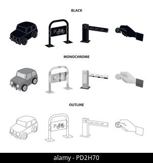 Car, parking barrier, bicycle parking place, coin in hand for payment. Parking zone set collection icons in black,monochrome,outline style vector symb Stock Vector