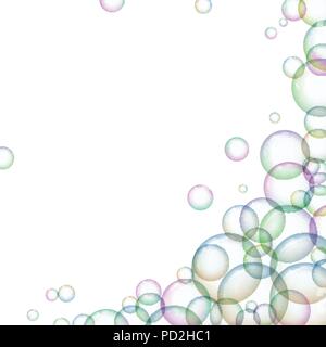 Frame with multicolored soap bubbles. Shiny balls with glare. Vector illustration. The concept of cleanliness and cleaning. Stock Vector