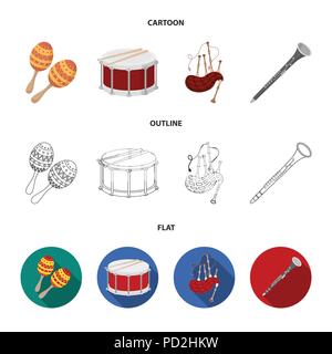 Maracas, drum, Scottish bagpipes, clarinet. Musical instruments set collection icons in cartoon,outline,flat style vector symbol stock illustration . Stock Vector