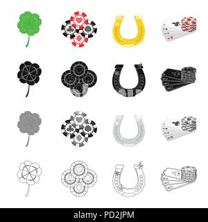 Clover leaf for luck, chips in the casino, gold horseshoe, cards and chips. Casino set collection icons in cartoon black monochrome outline style vect Stock Vector