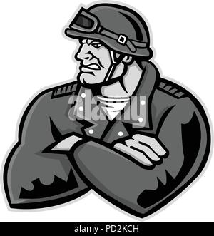 Mascot icon illustration of bust of a male biker or motorcycle club rider wearing a vintage helmet with arms crossed looking to side on isolated backg Stock Vector
