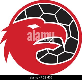 Mascot icon illustration of head of a European eagle inside handball ball viewed from side on isolated background in retro style in red, black and whi Stock Vector