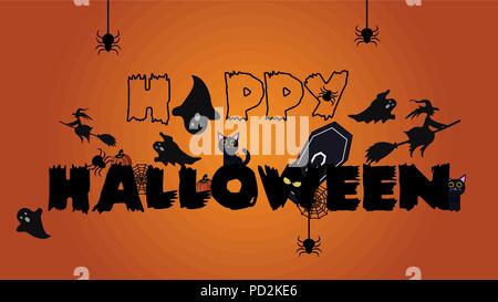 Vector isolated lettering for Halloween and pumpkin, witch, spider, spider-web, bats, ghosts etc. for decoration and covering on the background. Concept of Happy Halloween. Stock Vector